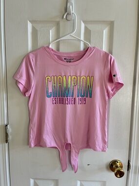Champion Light Pink Short Sleeve Tie-Front Logo Tee